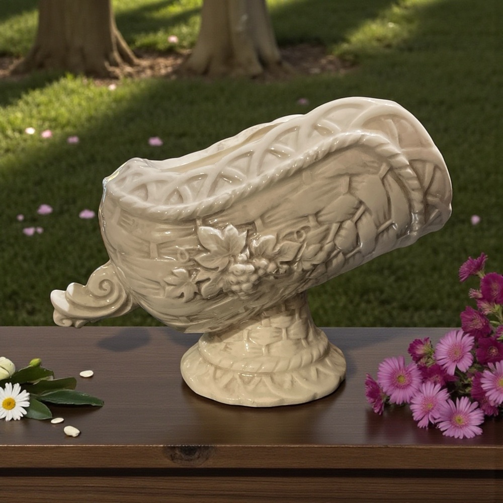 Elegant Cream Ornate Ceramic Hand-“Rustic Grapes” Painted Planter Made in Japan